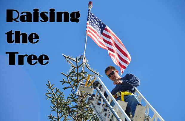 Lemoore Volunteerr Fireman Kyle Reed rides the bucket to the top of Lemoore's Christmas tree to get the lights turned on.